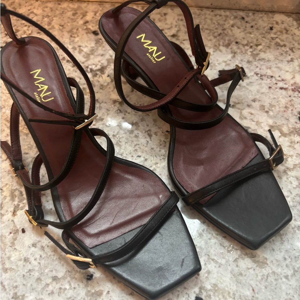 Malu Atelier Black Strappy Square-Toe Heeled Sandals